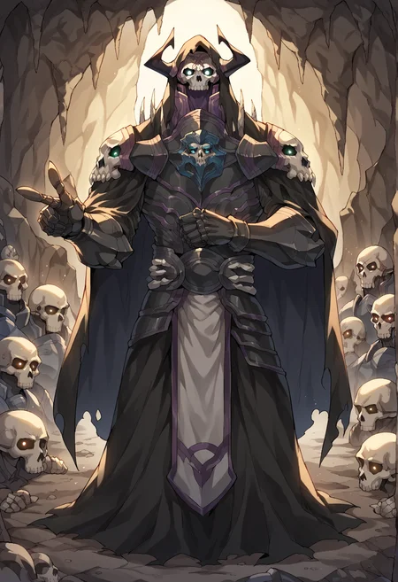 1boy, armor, full armor, knight, skull, mask, horns, pauldrons, indoors, cave, pointing at viewer, glowing eyes, cloak, hood, hood up <lora:First_Hassan:0.8>, score_9, score_8_up, score_7_up, score_6_up, score_5_up, score_4_up, BREAK source_anime, masterpiece
