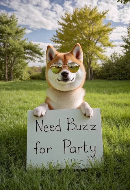 photorealistic, Shiba Inu, Doge with visually striking color outside, grass, holding up a sign with his paws that says "Need Buzz for Party"