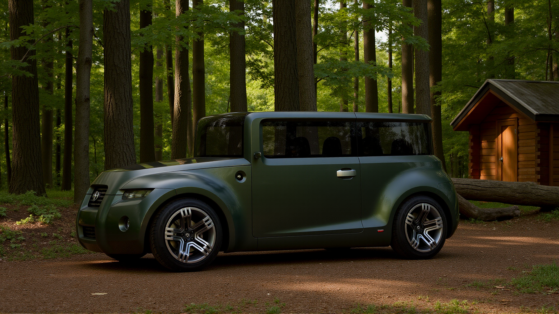 The Scion Hako Coupe Concept parked on a dirt path in a dense, sunlit forest. The car is finished in a deep forest green livery with matte black accents, blending with the natural surroundings. The wraparound panoramic glass reflects the towering trees and dappled sunlight filtering through the canopy. The headlights are off, allowing the natural light to highlight the carâs sculpted lines and retro-modern boxy shape. Polished wheels contrast with the earthy tones of the forest floor, while a wooden cabin and a small stream are visible in the background, adding tranquility to the scene
 <lora:ral-hkcpcncpt_000004000:1>