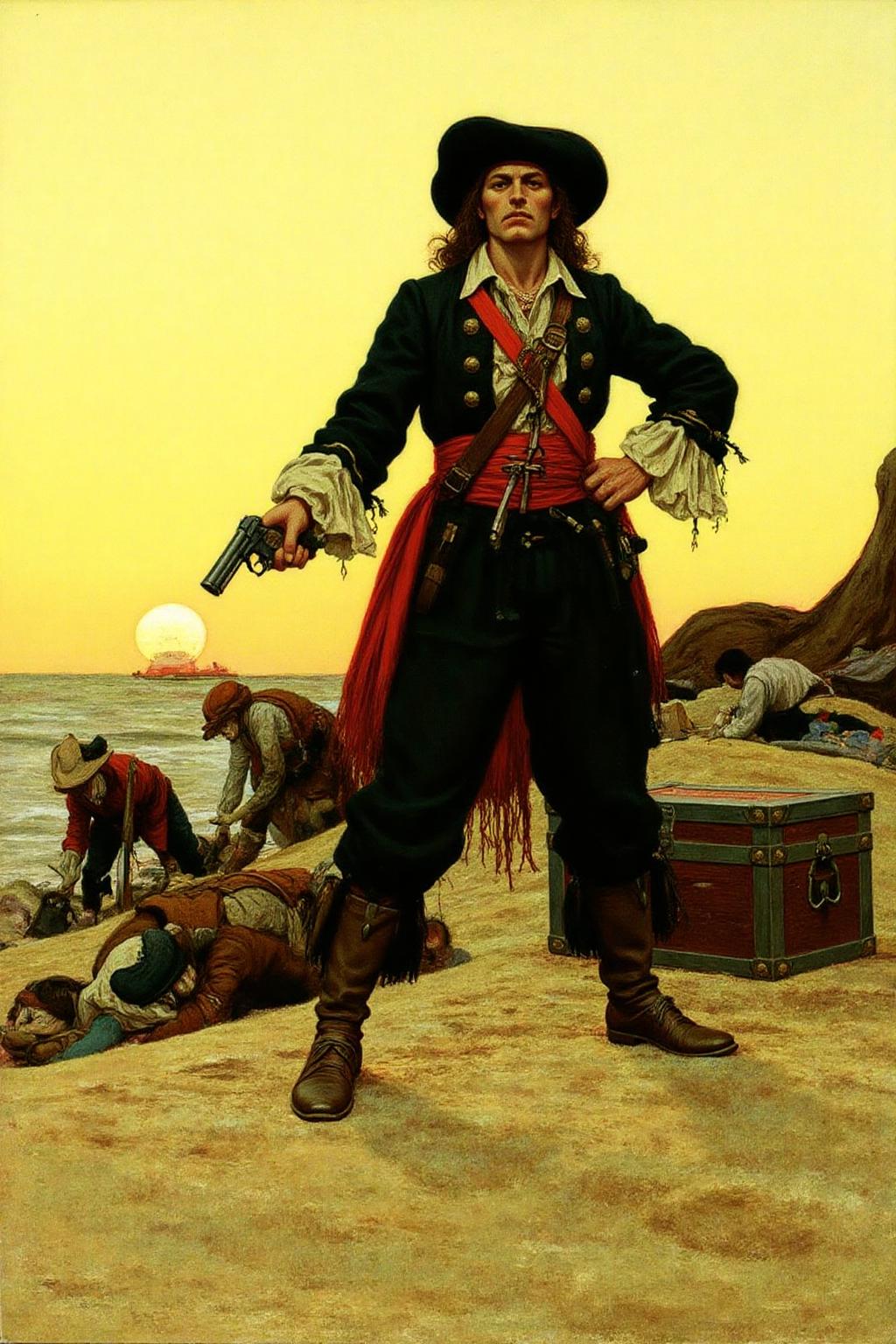 hopy1 illustration.
The scene is set on a sandy beach at sunset, with the sky transitioning from a warm yellow to a soft orange hue. In the foreground, a tall, imposing pirate captain stands confidently with a wide-brimmed black hat, a red sash tied around his waist, and a menacing look on his face. He is holding a pistol. There is a treasure chest beside him. Beneth him are men digging with shovels. <lora:hopy1_cap_d6a3e12:1.0><lora:826166208396183432:0>
