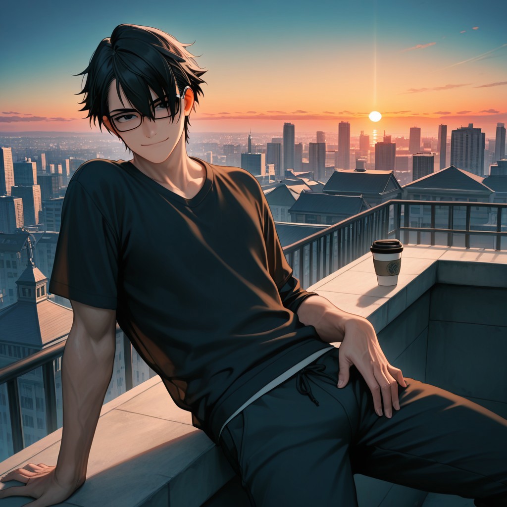 masterpiece, best quality, amazing quality, absurdres, newest, detailed background, definition so sharp, Ultra-HD, 8K cinematic, very awa, impressionate, amazing quality, highres, 
solo, male focus, manly, 
saruhikofushimi, saruhiko_black hair, saruhiko_black eyes, 1boy, short hair, glasses \(on head\), leaning back, relaxed pose, slight smile, casual outfit, coffee cup, rooftop, city view, sunset, cool colors, calm, intelligent, charming, slightly sexy