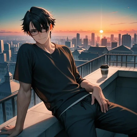 masterpiece, best quality, amazing quality, absurdres, newest, detailed background, definition so sharp, Ultra-HD, 8K cinematic, very awa, impressionate, amazing quality, highres, 
solo, male focus, manly, 
saruhikofushimi, saruhiko_black hair, saruhiko_black eyes, 1boy, short hair, glasses \(on head\), leaning back, relaxed pose, slight smile, casual outfit, coffee cup, rooftop, city view, sunset, cool colors, calm, intelligent, charming, slightly sexy