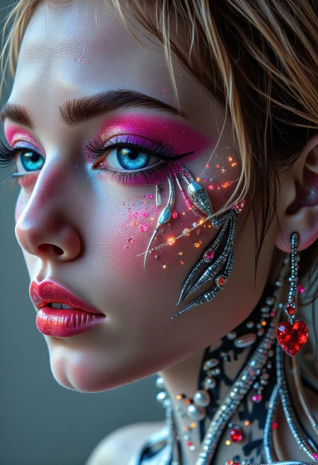A close-up portrait of a beautiful Slavic woman with a dash of Asian blood. She has a few minimal implants, and mechanical limbs with Ceramic composite cyborg appendages with smooth porcelain-like surface, minimalist design, pearlescent sheen. Bright makeup adds expressiveness to her face. Bright pink eyeshadow and lip gloss of the same color, eyes heavily lined with black. Long black eyelashes frame bright sky-blue eyes that look boldly at the viewer. A snub nose gives her face a sweet look. Short blond hair is styled in a bob. A wide choker made of steel weave is worn around her neck. Massive dangling heart-shaped earrings made of blood-red ruby aacomplete the look.