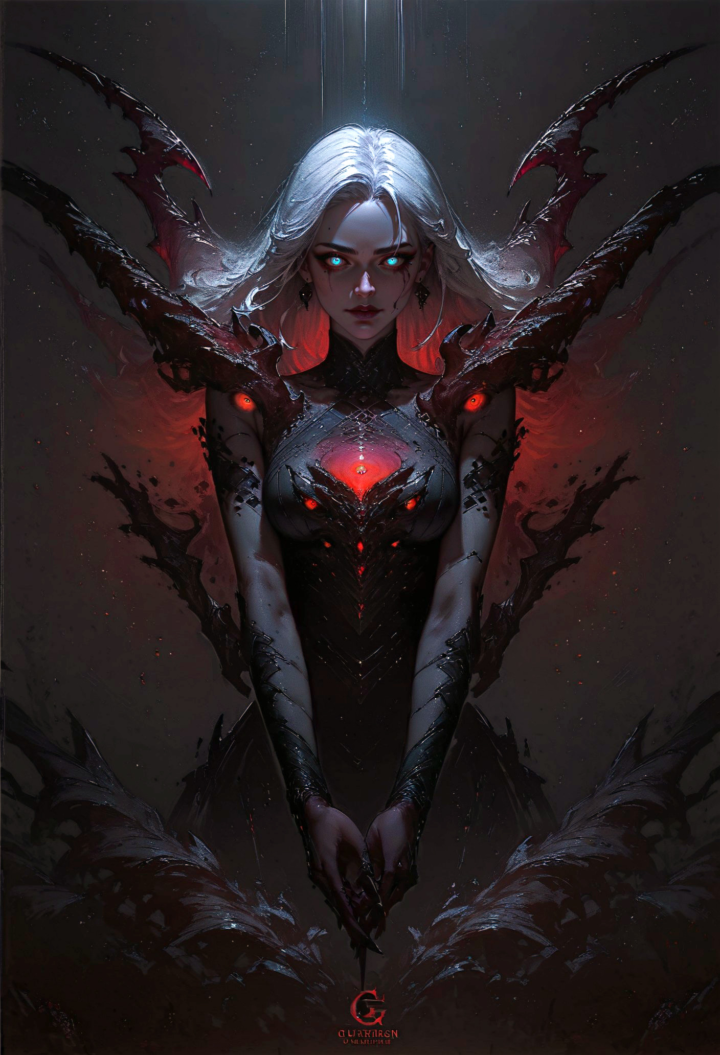 score_9, score_8_up, score_7_up,  rating_safe, 1girl, solo, glow eyes, white hair, red light, demon, full face, symmetry, dark theme  <lora:pony/concept_art_darkside:0.8> concept art, realistic <lora:pony/gwent_v2.0:0.6> gwentstyle <lora:pony/expressiveh:0.8> expressiveh