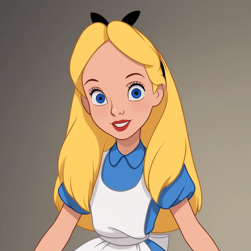 score_7_up, BREAK, Alice, 1girl, solo, blonde hair, long hair, blue eyes, headband, ribbon bow, blue dress, short sleeves, white apron, portrait, <lora:AliceInWonderland_PXL_Leaf1:1>, looking at viewer,