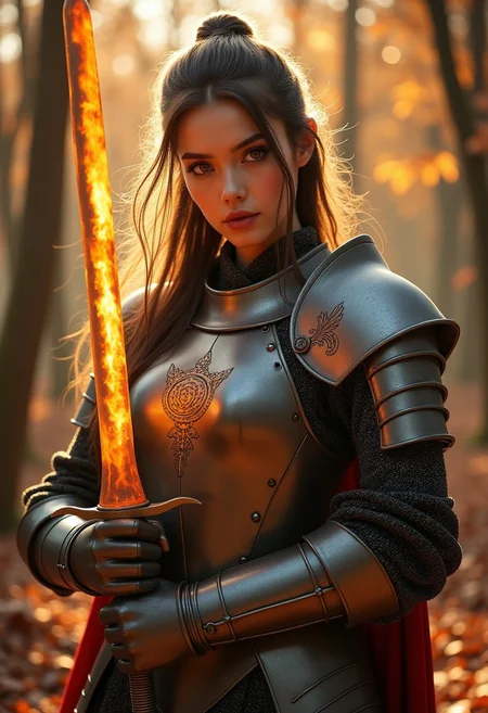 photo of a stunning, oriental female knight in full armour, no helmet, long loose hair eye shadow, make-up, holding a blazing legendary sword, shafts of sunlight, dutch angle, autumnal forest, sexy pose, High Detail, Perfect Composition, RAW photo, great lighting, intricate detail