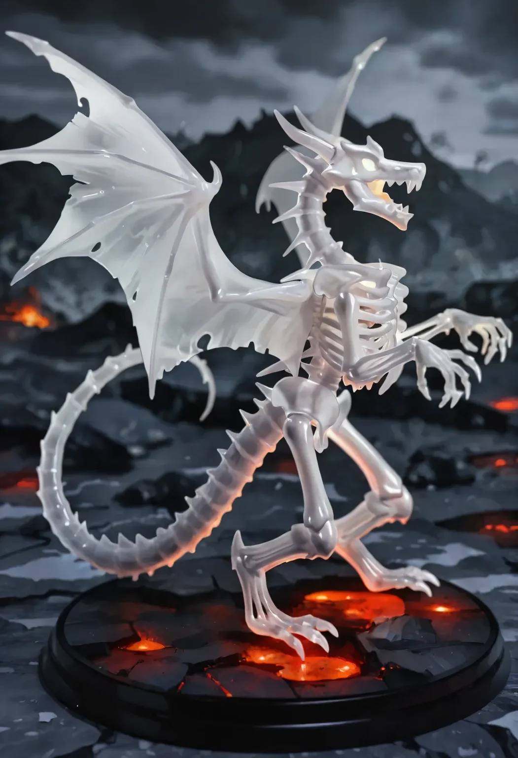 (newest, masterpiece, best quality, beautiful lighting, very aesthetic, detailed background, very awa, perfect composition, detailed, realistic, photorealism, photo, high contrast), BREAK,
heroes3, full body, ghost dragon, dragon, white body, translucent body, feral, wings, hands out, standing, looking ahead, skeleton, curled tail, tail, wings up, open mouth, grey background, outdoors, lava field, solo, stand, figure,
, <lora:HoMM_v8NoobBs975:0.8>