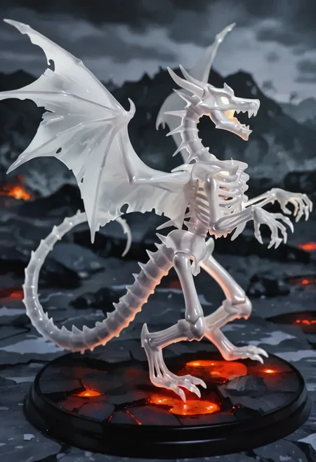 (newest, masterpiece, best quality, beautiful lighting, very aesthetic, detailed background, very awa, perfect composition, detailed, realistic, photorealism, photo, high contrast), BREAK,
heroes3, full body, ghost dragon, dragon, white body, translucent body, feral, wings, hands out, standing, looking ahead, skeleton, curled tail, tail, wings up, open mouth, grey background, outdoors, lava field, solo, stand, figure,
, <lora:HoMM_v8NoobBs975:0.8>