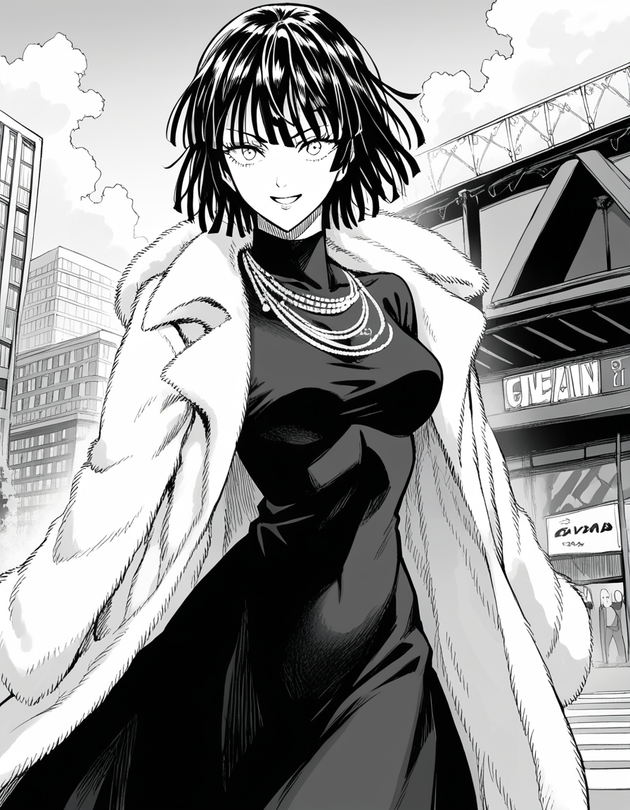 score_9, score_8_up, score_7_up, source_anime,
fubuki, <lora:opm-fubuki-manga-ponyxl-lora-nochekaiser:1>,
fubuki, fubuki \(one-punch man\), black hair, medium hair, monochrome, greyscale,
black dress, dress, fur coat, high collar, jewelry, necklace, off shoulder, taut clothes, taut dress,
outdoors, cityscape, smile,
looking at viewer, cowboy shot, solo, dutch angle,
