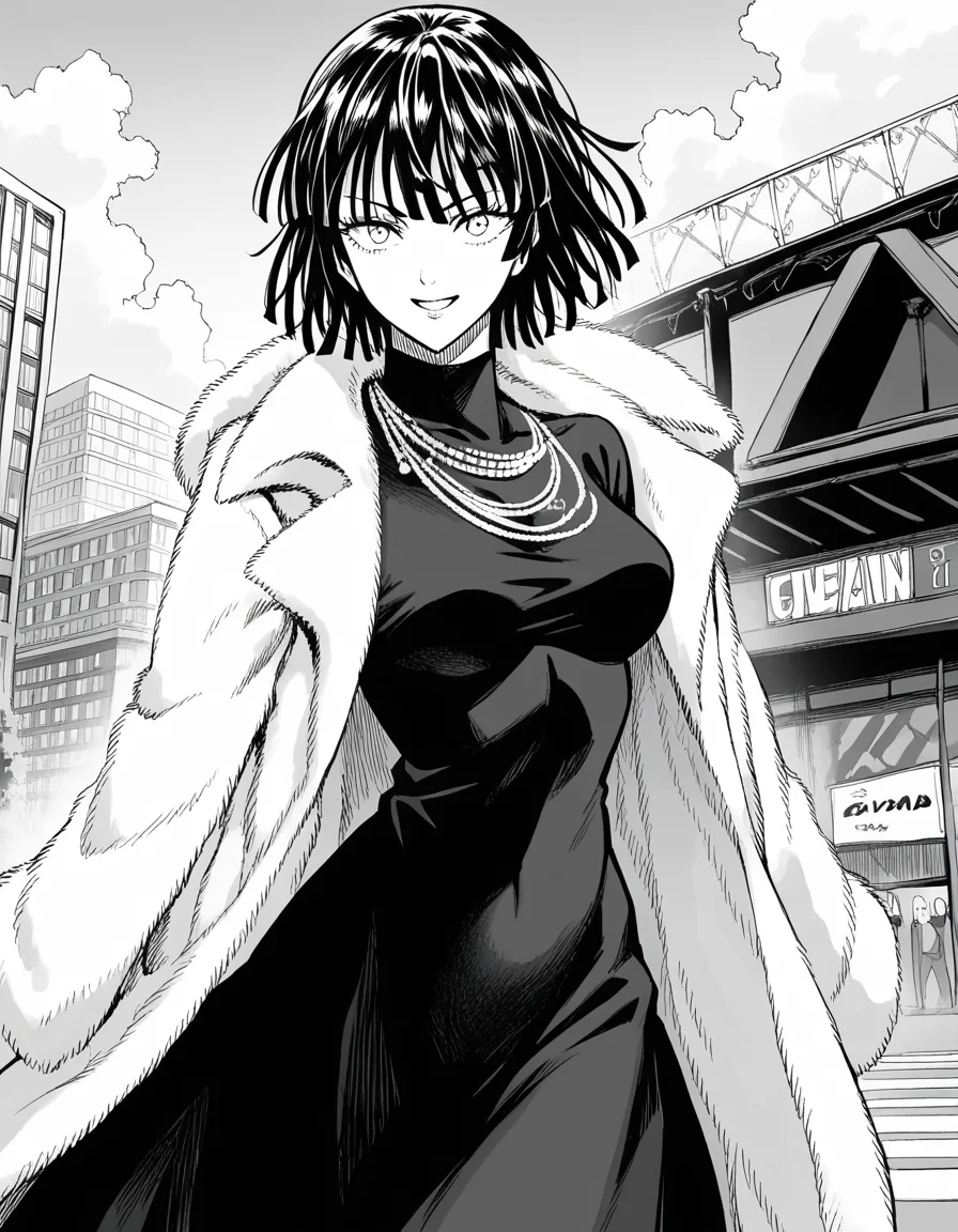 score_9, score_8_up, score_7_up, source_anime,
fubuki, <lora:opm-fubuki-manga-ponyxl-lora-nochekaiser:1>,
fubuki, fubuki \(one-punch man\), black hair, medium hair, monochrome, greyscale,
black dress, dress, fur coat, high collar, jewelry, necklace, off shoulder, taut clothes, taut dress,
outdoors, cityscape, smile,
looking at viewer, cowboy shot, solo, dutch angle,