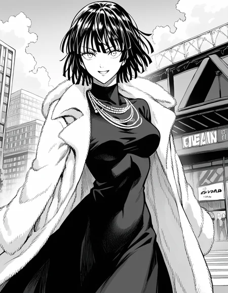 score_9, score_8_up, score_7_up, source_anime,
fubuki, <lora:opm-fubuki-manga-ponyxl-lora-nochekaiser:1>,
fubuki, fubuki \(one-punch man\), black hair, medium hair, monochrome, greyscale,
black dress, dress, fur coat, high collar, jewelry, necklace, off shoulder, taut clothes, taut dress,
outdoors, cityscape, smile,
looking at viewer, cowboy shot, solo, dutch angle,