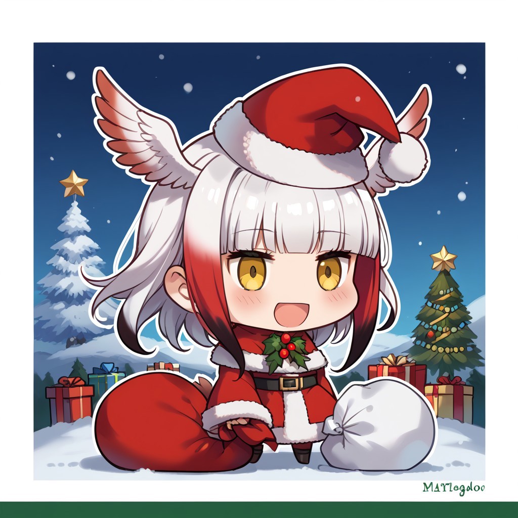 score_9, score_8_up, score_7_up, masterpiece, best quality, zzPadoru, blush, smile, open mouth, meme, holding sack, santa hat, dress, 1girl, solo, japanese crested ibis (kemono friends), head wings, multicolored hair, two-tone hair, white hair, red hair, long hair, blunt bangs, bangs, sidelocks, yellow eyes, bird tail, tail, long sleeves, wide sleeves, chibi, snow, Christmas tree, Christmas lights, Christmas border, red and green border, Christmas wreath border, presents, Christmas_card_outline
