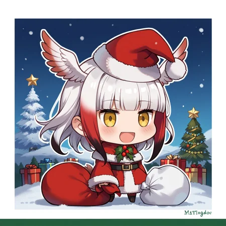 score_9, score_8_up, score_7_up, masterpiece, best quality, zzPadoru, blush, smile, open mouth, meme, holding sack, santa hat, dress, 1girl, solo, japanese crested ibis (kemono friends), head wings, multicolored hair, two-tone hair, white hair, red hair, long hair, blunt bangs, bangs, sidelocks, yellow eyes, bird tail, tail, long sleeves, wide sleeves, chibi, snow, Christmas tree, Christmas lights, Christmas border, red and green border, Christmas wreath border, presents, Christmas_card_outline