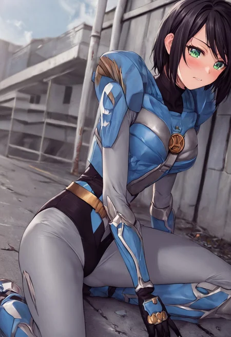 score_9, score_8_up, score_7_up, source_anime, zPDXL, zPDXLpg, <lora:offset_0.2:0.1>, <lora:spo_sdxl_10ep_4k-data_lora_webui:1>,
1girl, solo,
sazerpisces, armor, black leotard, silver bodysuit, belt, gauntlets, black gloves, <lora:Sazer_Pisces_v2:1>,
black hair, green eyes, medium hair, hair behind ear, swept bangs, ass visible through thighs,
blush, closed eyes
from side, lie on ground, fainted, defeated, damaged
outdoors, city, street