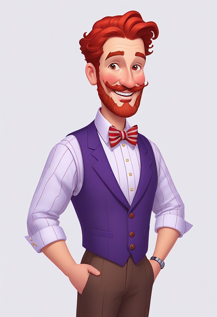 score_9, score_8_up, score_7_up, score_6_up, Casgastyle, BREAK 1boy, man, mature, solo, fat, attractive, handsome, smile, closed mouth, orange short red hair, thick beard, curled mustache, brown eyes, white shirt with a red bow-tie, purple jacket with dark thin stripes, boutonniere, pocket on the right side of jacket, pocket with a red folded handkerchief, gray vest with two buttons, dark purple classic trousers, brown belt with gold buckle, BREAK the right hand is holding the cuff of the jacket, the left hand is lowered down, standing, looking at viewer, simple background, white background
