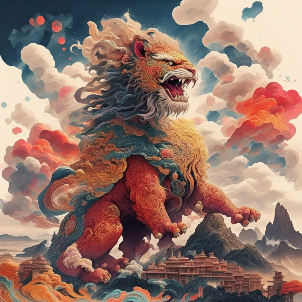 an image of a   black and yellow, red dance lion ,colorful cloud around the lion, on the mountain, trees, buildings, SF_Carton style,carton, four legs<lora:0208_sprint_festival-checkpoint-8000:1>