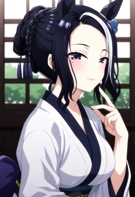 detailed background,  shiny skin, posing, rating safe,
rmnsd, horse girl, multicolored hair, streaked hair, ear ornament, mole under eye saimin.il,
saimin, tsubaki,  
clothed girl, kimono, 18 years old ,women,solo,1girl