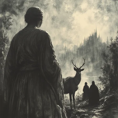 white hair, facing away, reflection, hood, castle, robe, mustache, deer, statue, no humans, greyscale