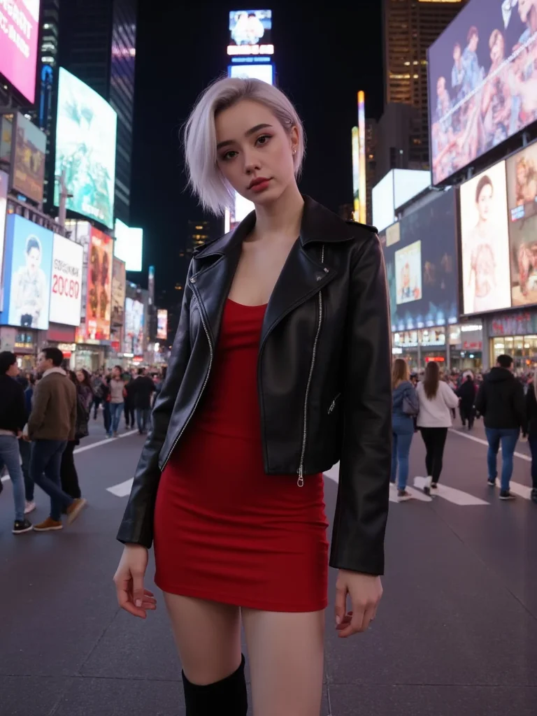 There are wonderful studio lights and various reflections,skin naturally showing the texture of blood vessels,detailed pale skin,looking at viewer,18yo beautiful cute girl with blushing and female orgasm,
the sidelight outlines her sexy body curves,
--,
--,<lora:AGirl_type3_F1:0.9>,she is dasha taran,
perfect light art,
--,
--, A renowned anime female character stands on a bustling city street, her short silver hair styled neatly with slightly upturned ends, exuding a bold personality. She wears a black leather jacket with broad shoulders and metal studs on the cuffs and hem, giving her a cool, edgy look. Underneath, she sports a red bodycon dress made of smooth fabric that hugs her curves, with the hem ending just above her knees. Her black over-the-knee boots have a fine texture and high, slender heels, making her appear taller and more striking. Her makeup is bold yet refined, with winged eyeliner and vibrant red lips, completing her fashionable appearance. Her expression is cool and confident, her eyes reflecting independence. The background is a lively street filled with pedestrians, towering skyscrapers, and neon lights, capturing the essence of urban modernity.