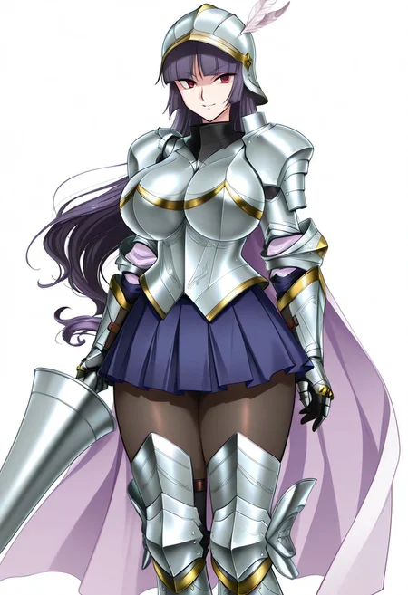 score_9,score_8_up,score_7_up,source_anime,5_figner,2d_animation,game cg,BREKE,1girl,solo,
zzSabrina, red eyes, long hair, blunt bangs, sabrina pokemon, purple hair, black hair,
Celia knight,armor,gauntlets,breastplate,helmet,feathers,greaves,armored boots,pleated skirt,blue skirt,lance,knight,cape,black pantyhose,
serious,smile,openmouth,cowboyshot,standing,
huge breasts,thick hips,thick thighs,thick waist,disproportionate breasts,
curves,glamour,
simple background,white background,
masterpiece,best qualit,ultra-detailed,illustration,an extremely delicate and beautiful,beautiful detailed eyes,unity 8k wallpaper,high resolution,anime CG,official_art,Erotic_style, uncensored, anime_coloring, anime_screencap,