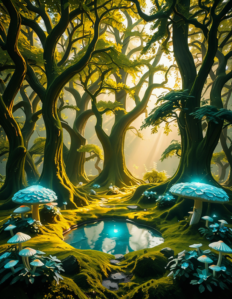 A mystical enchanted forest bathed in a soft, ethereal glow. Towering ancient trees with twisted roots and bioluminescent moss create a dreamlike atmosphere. The air is filled with a faint, magical mist that swirls gently around vibrant, oversized mushrooms and glowing blue and purple flowers. Delicate fireflies and tiny floating orbs of light hover in the air, illuminating the dense foliage with a magical shimmer. A narrow, winding path covered in soft moss leads deeper into the mysterious woodland, where faint beams of golden sunlight filter through the thick canopy, casting intricate patterns on the forest floor. The colors are rich and vibrant, with deep emerald greens, soft blues, and glowing purples creating a surreal and otherworldly ambiance. The scene is highly detailed and photorealistic, capturing the textures of the moss-covered tree trunks, the luminescent flora, and the misty, dreamlike atmosphere of the enchanted forest.
<lora:SDXLFaeTastic2400:0.4> <lora:extremely_detailed:0.4> extremely detailed,<lora:3nch4nt3d_f0r3st-ill:1>,3nch4nt3d f0r3st, Masterpiece,best quality,hi res,8k,hi res,8k,award winning,(sharp focus, intricate, highly detailed),