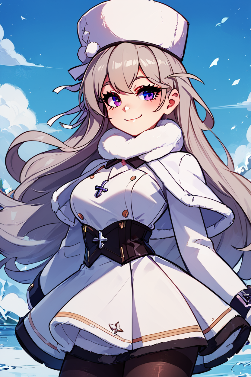 score_9, score_8_up, score_8, medium breasts, (curvy), cute, eyelashes,       ,,, , ,,, zzMurmansk, long hair, purple eyes, heterochromia, blue eyes, bangs, grey hair, hat, white headwear, cross necklace, fur-trimmed dress, white dress, papakha, black pantyhose, long sleeves, black belt, white coat, capelet, winter coat,  <lora:Murmansk_Azurlane_PDXL:1.0>,  ,,,, BREAK, <lora:GoldenCAT_Lora_PDXL_v2:0.8>, smile, closed mouth, looking at viewer, cowboy shot, ,,, embedding:zPDXL, Expressiveh, ,,, <lora:Expressive_H-000001:0.4>,