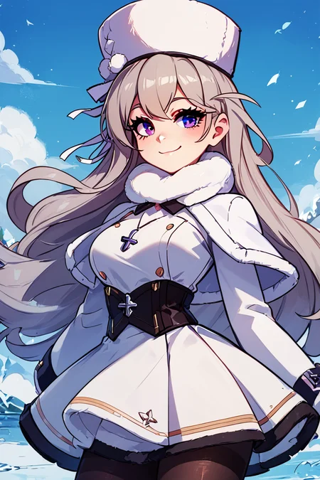 score_9, score_8_up, score_8, medium breasts, (curvy), cute, eyelashes, ,,, , ,,, zzMurmansk, long hair, purple eyes, heterochromia, blue eyes, bangs, grey hair, hat, white headwear, cross necklace, fur-trimmed dress, white dress, papakha, black pantyhose, long sleeves, black belt, white coat, capelet, winter coat, <lora:Murmansk_Azurlane_PDXL:1.0>, ,,,, BREAK, <lora:GoldenCAT_Lora_PDXL_v2:0.8>, smile, closed mouth, looking at viewer, cowboy shot, ,,, embedding:zPDXL, Expressiveh, ,,, <lora:Expressive_H-000001:0.4>,