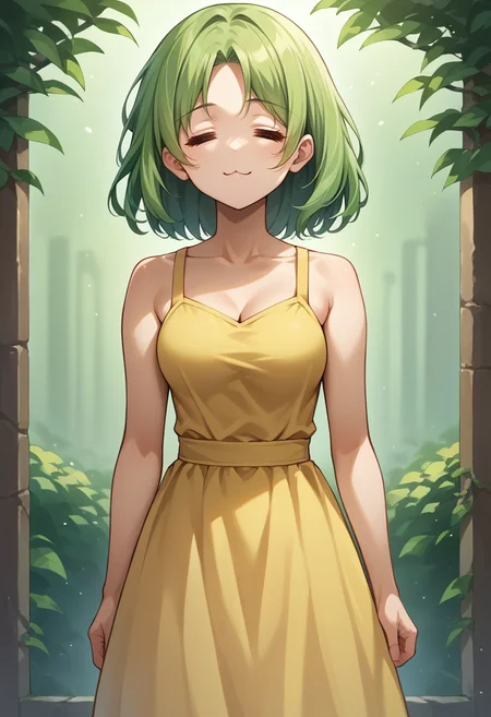 score_9, score_8_up, source_anime, 1girl, solo, =w=, :3, = =, eyes closed, green hair, medium hair, medium breasts, yellow sundress, <lora:ChamElfExpressionPonyXL:1>