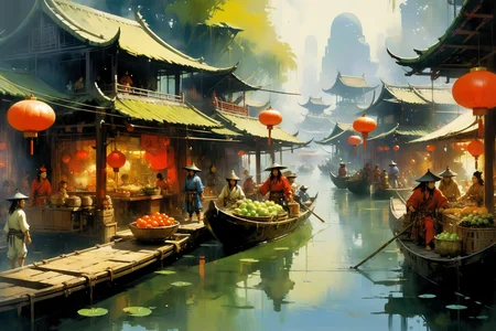 chinese floating market, (fantasy:1.2), <lora:John Berkey Style:1> John Berkey Style page, <lora:Retro_Illustration:1> 2d game scene, oil and watercolor painting,, (masterpiece:1.2), best quality