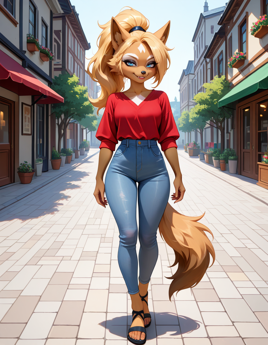 masterpiece, best quality, very aesthetic, absurdres,
outdoors, casual, 
full body, standing, posing, 
 seductive smile, parted lips, long eyelashes,
 <lora:Whisper_the_Wolf_v01_NAIXL:1>,
Wh15p3r,1girl,solo,furry,furry female,wolf girl,long hair,blonde hair,wolf ears,ponytail,blue eyes,makeup,anout,animal nose,fangs,body fur,two-tone fur,orange fur,brown fur,wolf tail,