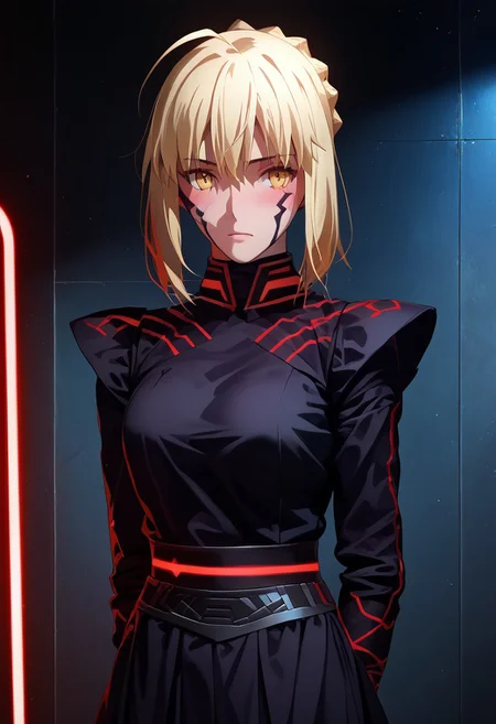 (score_9, score_8_up, score_7_up, high quality, best quality, ultra-detailed, very aesthetic, illustration, perfect composition, intricate details, absurdres, high res image, masterpiece, vibrant colors, beautiful face, detailed face, 1girl, solo focus, single character, perfect eyes, detailed eyes, female), SaberAlter, dark persona, corruption, blonde hair, yellow eyes, short hair, french braid, ahoge, pale skin, thick thighs, perfect body, voluptuous, large breasts, curvy body, narrow-waisted, (sith outfit, black robes), (hands behind back, blushing), (sci-fi, star wars(series), large corridor, spaceship interior)