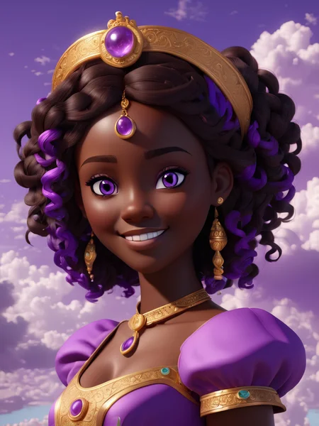 3D Style, (masterpiece), girl, dark skin, purple eyes, smile, posing for a picture, cloud <lora:3d_render_style_xl:0.8>