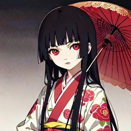 enma ai, hair down, hair black, bangs, eyes red, masterpiece, best quality, ultra-detailed, illustration, 1girl, solo, highres, photorealistic, ultra high res, (Original illustration composition), (fusion of limited color,Maximalism artstyle, kimono obi fashion, double exposure, background, illustration, Amazing, lily spider, night darkness, open one's mouth, finger, bouquet flowers red, low twintails, (polychromatic peony:1.15), Movie poster,