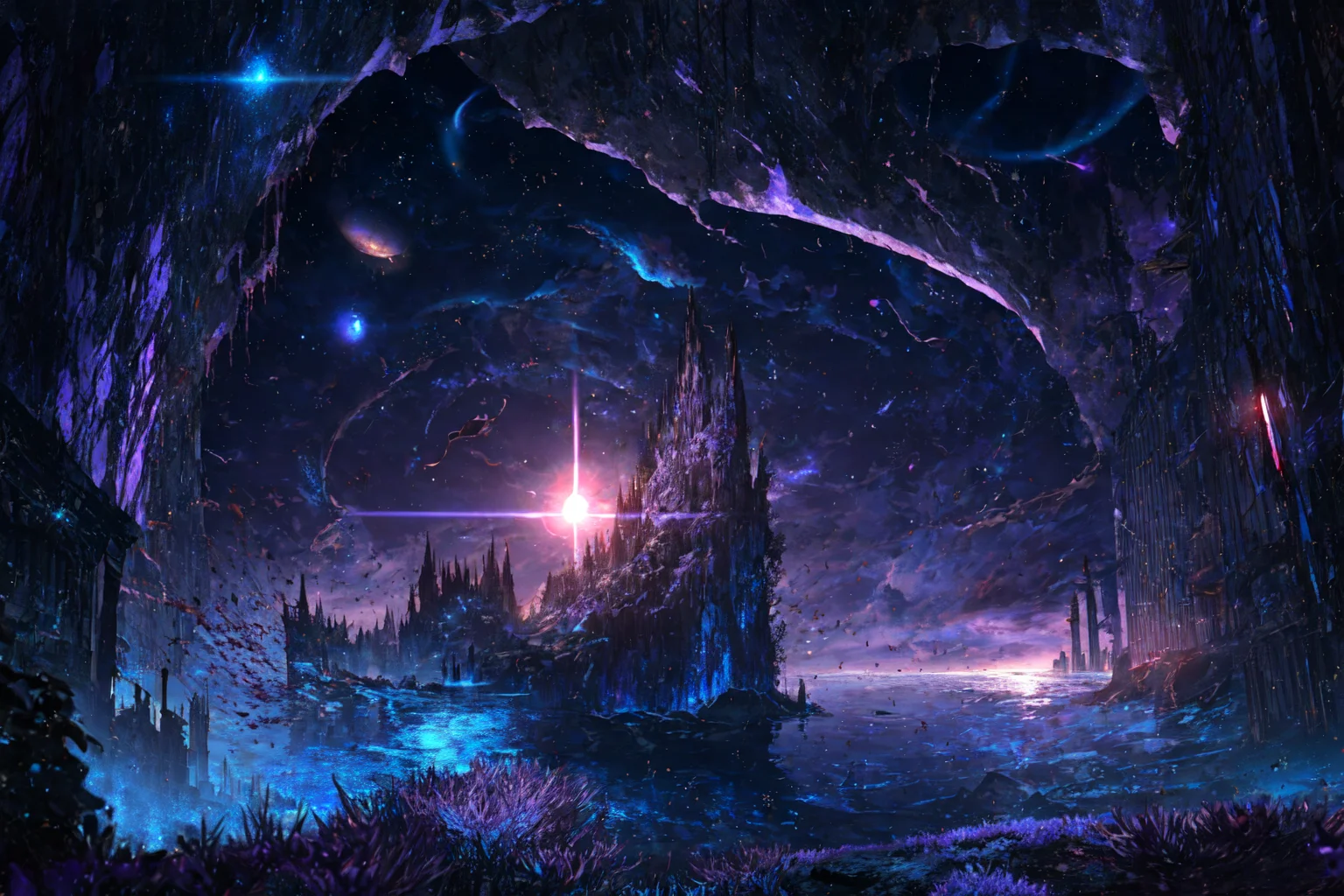 masterpiece, best quality, no_humans,((ruins)), <lora:RAL:0.6>,space,glowing,tanabata, tanzaku,city,milky_way,buildings,underwater,blood,earth \(planet\), <lora:Earth:0.5>,purple_theme