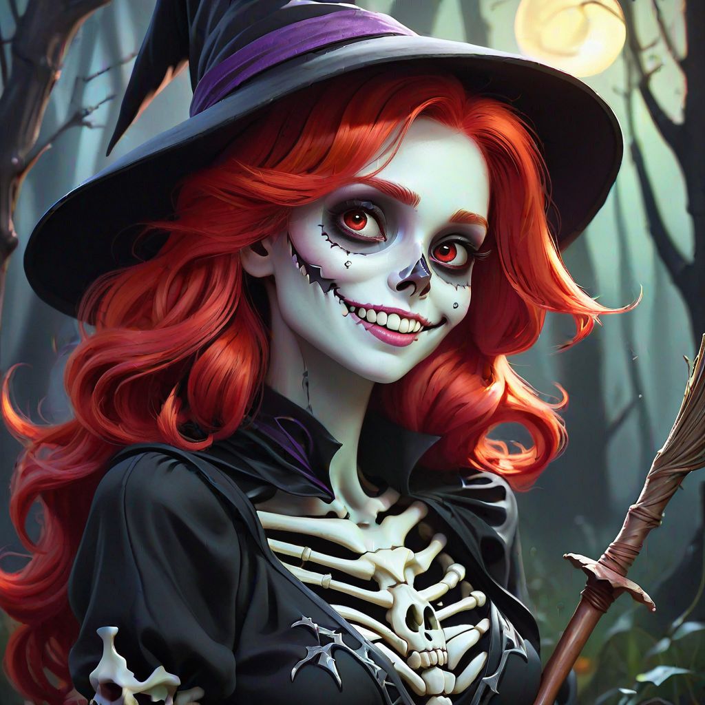 cute & beautiful smug smiling undead skeleton girl with very attractive face and red hair dressed as a witch, elegant, digital art, fantasy, pixar style, painting, pin up, highly detailed, artstation, art by artgerm, vrubel, greg rutkowski and ilya kuvshinov