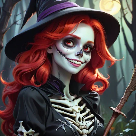 cute & beautiful smug smiling undead skeleton girl with very attractive face and red hair dressed as a witch, elegant, digital art, fantasy, pixar style, painting, pin up, highly detailed, artstation, art by artgerm, vrubel, greg rutkowski and ilya kuvshinov
