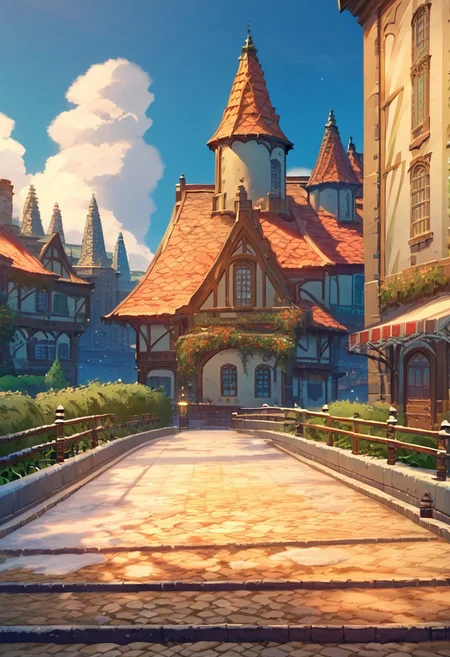 score_9, score_8_up, score_7_up, score_6_up, score_5_up, score_4_up, source_anime, official art, <lora:mondstadt_background-ponyxl-v11h:1>, city, mondstadt, scenery, architecture, outdoors, building, cityscape, house, sky, blue sky, tree, plant, cloud, road, bush, railing, lamppost, <lora:snowXLP:1> snow, outdoors, It is snowy, there is a lot of snow on the ground and buildings,