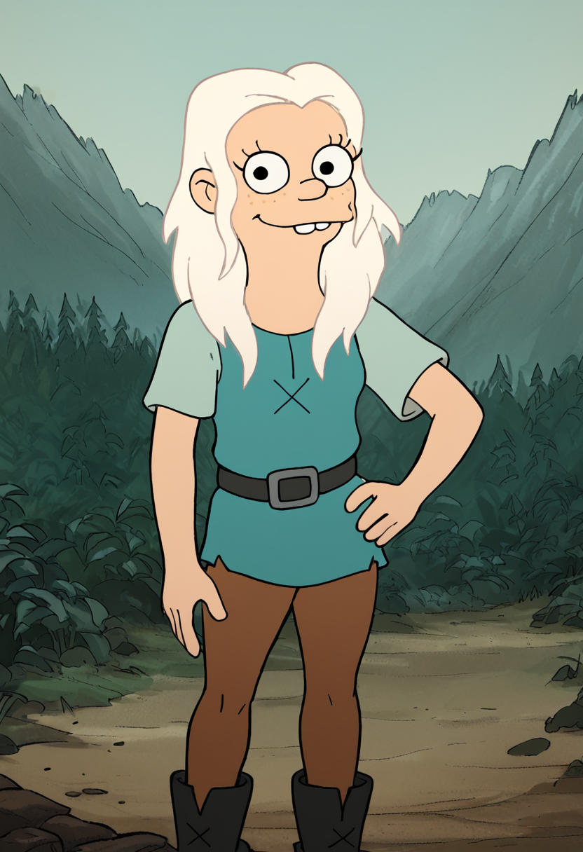 <lora:BeanPony2.0:1>  tiabeanie, white hair, 1girl, long hair, buck teeth, solo, freckles, blue tunic, belt, brown pants, boots, black eyes, looking at viewer,smile,  hand on own hip, cowboy shot, score_9, score_8_up, score_7_up, score_6_up, score_5_up, score_4_up,outdoors,