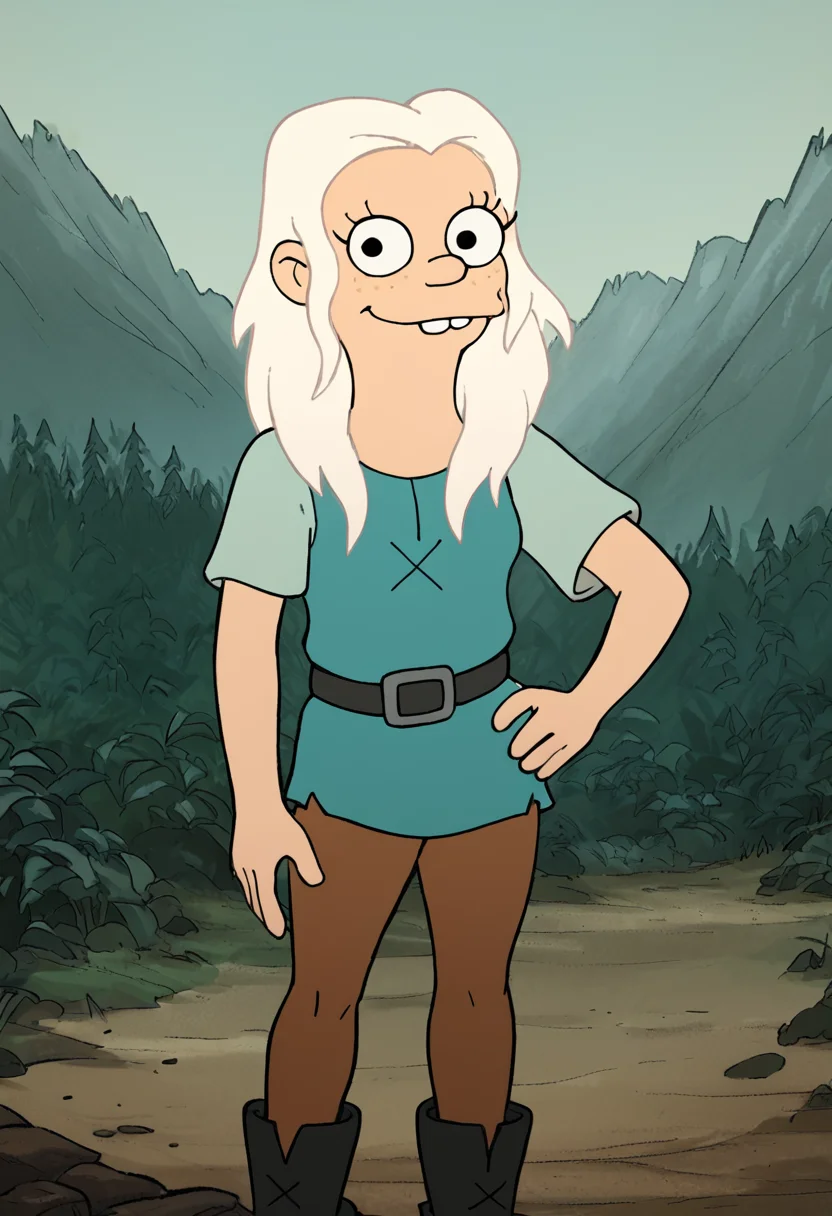 <lora:BeanPony2.0:1> tiabeanie, white hair, 1girl, long hair, buck teeth, solo, freckles, blue tunic, belt, brown pants, boots, black eyes, looking at viewer,smile, hand on own hip, cowboy shot, score_9, score_8_up, score_7_up, score_6_up, score_5_up, score_4_up,outdoors,