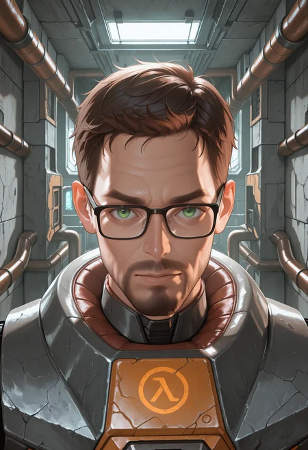 masterpiece, best quality, absurdres, highres, newest, 1boy, male focus, looking at viewer, indoors, science fiction, concrete, industrial pipe, closed mouth, <lora:gordonfreeman-hl-richy-v1_ixl:1> gordonfreeman, brown hair, short hair, facial hair, glasses, green eyes, power armor, (realistic:0.5)