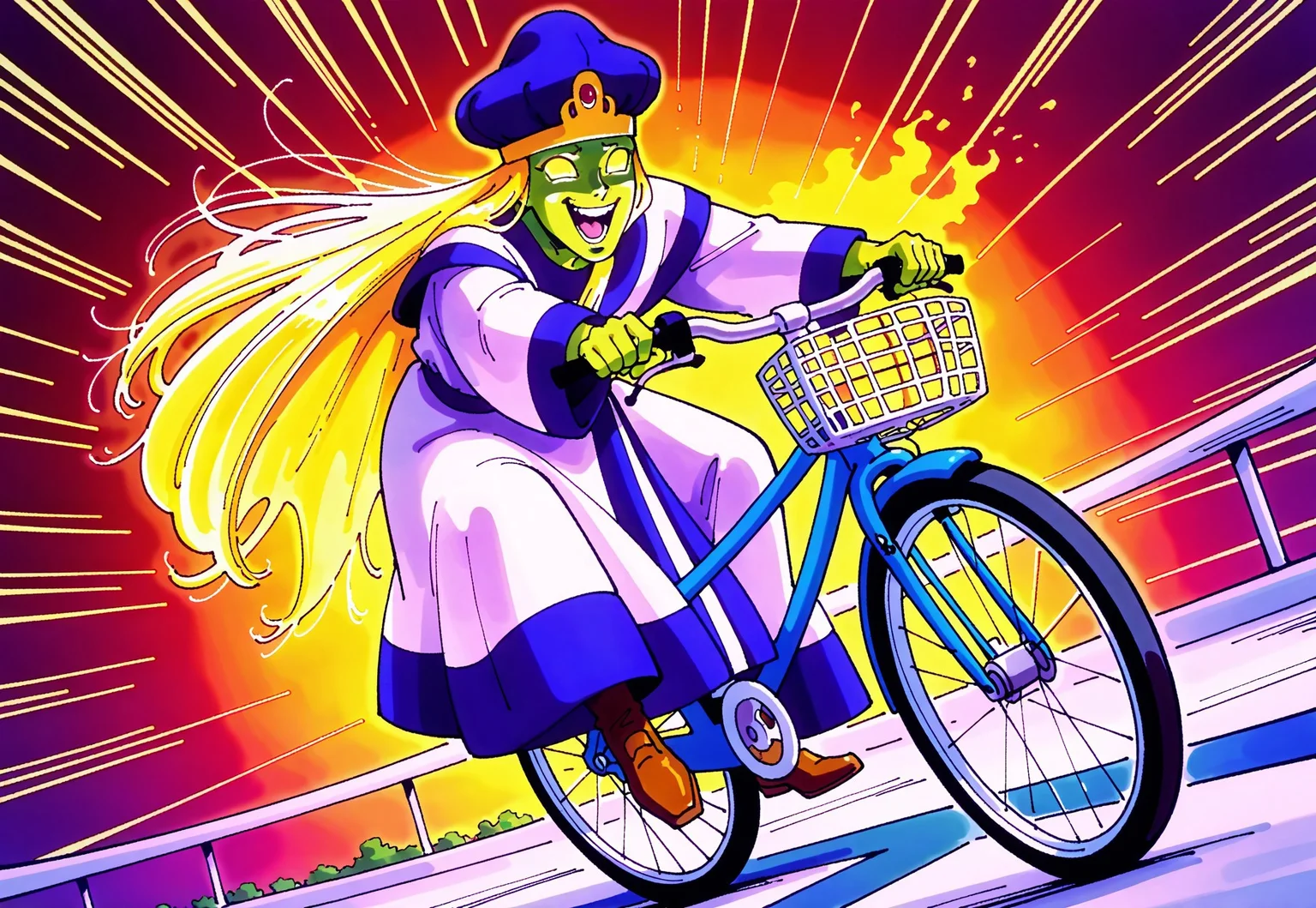 masterpiece, best quality, amazing quality, very aesthetic, absurdres, newest, creatorilxlffl1 riding a bicycle, 1boy, male focus, blue turban, very long hair, blonde hair, green skin, yellow eyes, no pupils, white robes, blue sash, brown shoes, dutch angle, bicycle, riding bicycle, joy, manic, crazy, race track, simple background, smile, laugh, adult male, mature male, 
