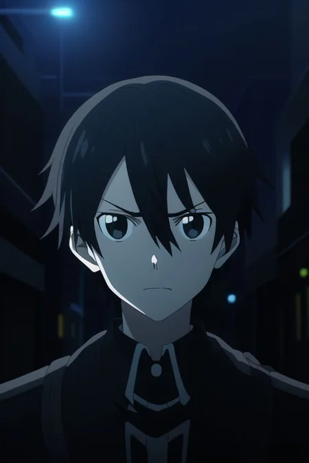 high resolution, professional photography, best quality, 1Boy, Kazuto Kirigaya, Black Hair, Black Eyes, potrait, midnight, big city, dim street lights, dirty, cold, tense, mysterious, sharp eyes, merciless, threatening, weapon, aiming the weapon at the viewer,