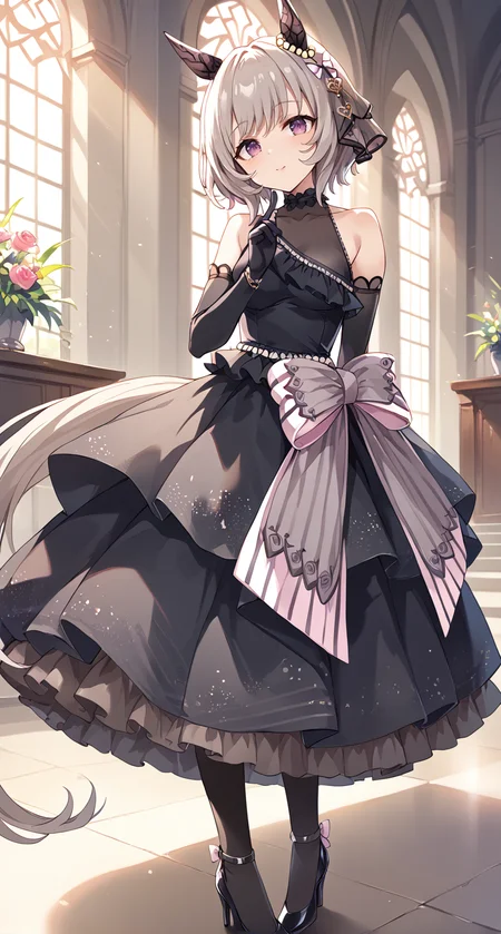 score_9,score_8_up,score_7_up,
official art,official style,game cg,megami magazine,
uncensored,
1girl,
crc wedding,curren chan (umamusume),
animal ears,blush,dress,elbow gloves,gloves,grey hair,hair ornament,
horse ears,horse tail,ribbon,short hair,tail,wedding dress,black dress,black gloves,
bow,ear covers,ear ornament,horse girl,official alternate costume,
purple eyes,detached sleeves,bare shoulders,black footwear,dress bow,
frilled dress,frills,high heels,see-through,see-through cleavage,see-through dress,
sleeveless,sleeveless dress,black choker,bracelet,choker,bangs,violet eyes,long dress,
standing,
<lora:umamusume_curren_chan_pony_v1.1:1>,