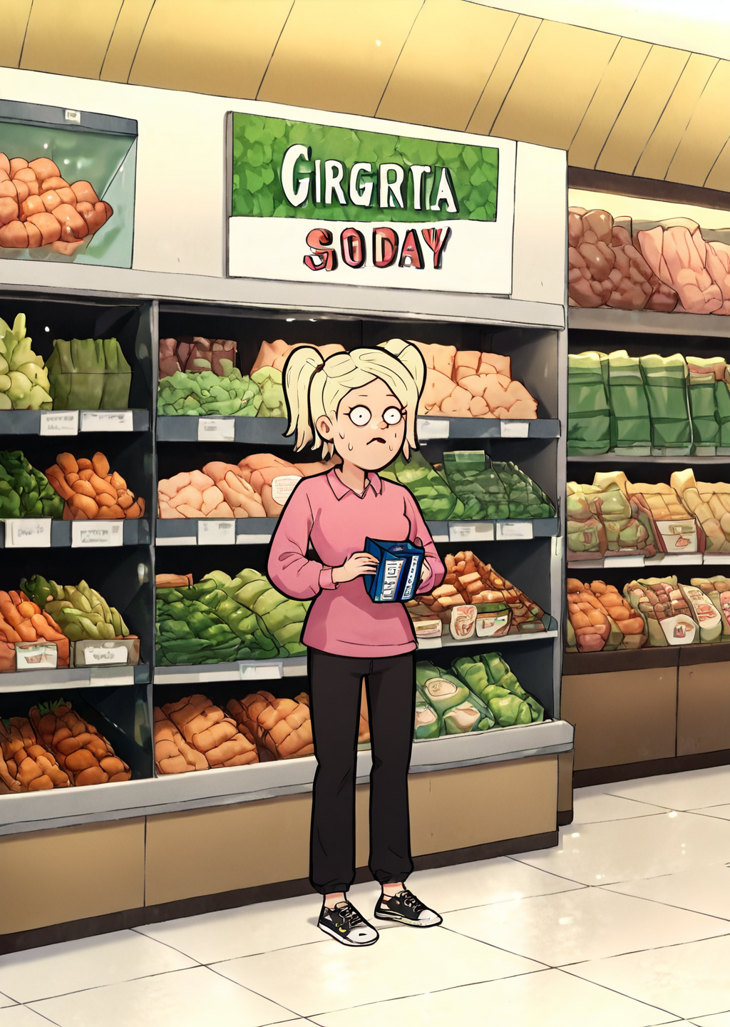 score_9, score_8_up, score_7_up, score_6_up,   <lora:Regular_Show_Style:0.8>, regularshow, 1girl, solo, blonde, pink shirt, black sweatpants,  detailed background, grocery store,