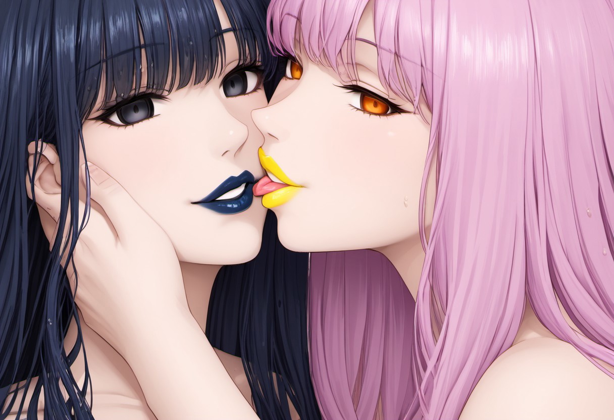 anime, empty eyes, emotionless, hypnotized, females, lipstick, french kiss, kiss, red lipstick, yellow lipstick, green lipstick, blue lipstick, purple lipstick, black lipstick, glossy lips, wet lips, sexy smile, adult, casual dress, long hair, white hair, black hair, green hair, red hair, yellow hair, pink hair, purple hair, blue hair, hair decoration, red eyes, orange eyes, yellow eyes, green eyes, blue eyes, purple eyes, pink eyes, black eyes, white eyes, close up. hand on head
