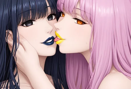 anime, empty eyes, emotionless, hypnotized, females, lipstick, french kiss, kiss, red lipstick, yellow lipstick, green lipstick, blue lipstick, purple lipstick, black lipstick, glossy lips, wet lips, sexy smile, adult, casual dress, long hair, white hair, black hair, green hair, red hair, yellow hair, pink hair, purple hair, blue hair, hair decoration, red eyes, orange eyes, yellow eyes, green eyes, blue eyes, purple eyes, pink eyes, black eyes, white eyes, close up. hand on head