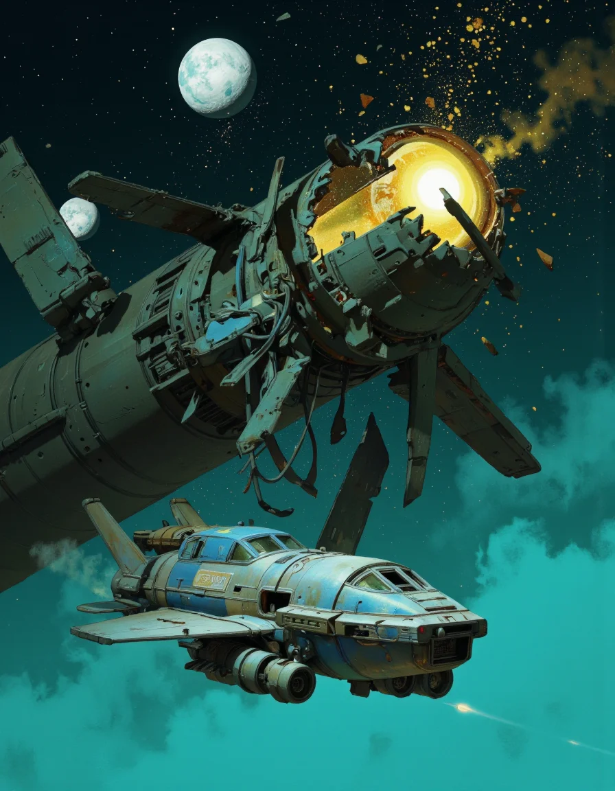 By Passcal Blanché. A digital artwork depicting a futuristic, sci-fi scene set in outer space. The primary subject is a large, cylindrical space station or structure that appears to be in the process of being destroyed or disintegrating. The station is illuminated by a bright, golden light emanating from its center, casting a warm glow against the dark, teal-hued background of space. The structure is partially obscured by debris, including large, angular shards and smaller fragments, suggesting a catastrophic event.
In the foreground, a small, sleek spaceship is flying towards the space station. The ship is highly detailed, with a metallic exterior featuring a mix of silver and blue hues. It has multiple engines and a large, rectangular window, allowing a view of the interior. The ship's design is futuristic and somewhat organic, with curved edges and a streamlined form.
In the background, there are two large, circular planets or moons, each with a bright, white surface, adding to the vastness and isolation of the scene. The overall color palette is dominated by dark blues and greens, with occasional flashes of gold from the light source and the ship's engines. The artwork is highly detailed, with a realistic yet stylized aesthetic, evoking a sense of both awe and peril. <lora:Pascal_Blanché:0.8>