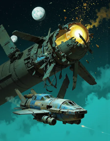 By Passcal Blanché. A digital artwork depicting a futuristic, sci-fi scene set in outer space. The primary subject is a large, cylindrical space station or structure that appears to be in the process of being destroyed or disintegrating. The station is illuminated by a bright, golden light emanating from its center, casting a warm glow against the dark, teal-hued background of space. The structure is partially obscured by debris, including large, angular shards and smaller fragments, suggesting a catastrophic event.
In the foreground, a small, sleek spaceship is flying towards the space station. The ship is highly detailed, with a metallic exterior featuring a mix of silver and blue hues. It has multiple engines and a large, rectangular window, allowing a view of the interior. The ship's design is futuristic and somewhat organic, with curved edges and a streamlined form.
In the background, there are two large, circular planets or moons, each with a bright, white surface, adding to the vastness and isolation of the scene. The overall color palette is dominated by dark blues and greens, with occasional flashes of gold from the light source and the ship's engines. The artwork is highly detailed, with a realistic yet stylized aesthetic, evoking a sense of both awe and peril. <lora:Pascal_Blanché:0.8>