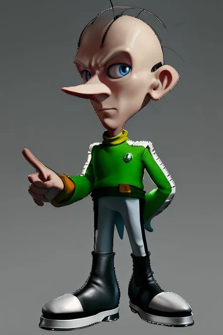 , skinny, Tall, High quality, nonblurry, male focus, Ultra HD, HDR, 4K, hyperdetailed, smooth lighting, solo, (fully clothed, masterpiece, epic lighting, good shading, studio quality), (Snively, pale skin, pointy nose, bald, Dark green shirt, light green collar, light green pants, brown belt, brown shoes), ((skinny, epic lighting)), best_quality, perfect, cinematic lighting, highest quality, intricate details, hdr, cinematic, intense,