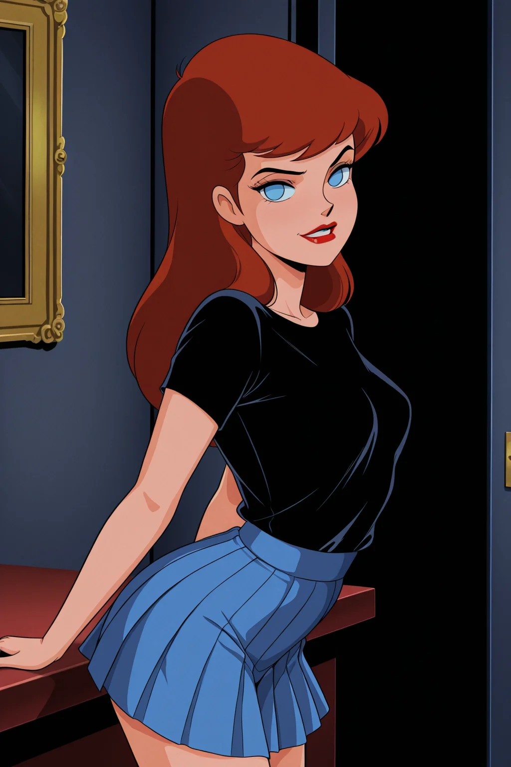 IllusP0s ((retro artstyle, 1980s (style), parody), perfect anatomy, perfect eyes, cowboy shot) BREAK <lora:BatgirlIL:0.8> barbara gordon, blue eyes, no pupils, long hair, red hair, lipstick, red lips, sultry eyes, lust face, ((looking at viewer)), black shirt, shirt, short sleeves, blue skirt, arched back, standing, model pose, indoors